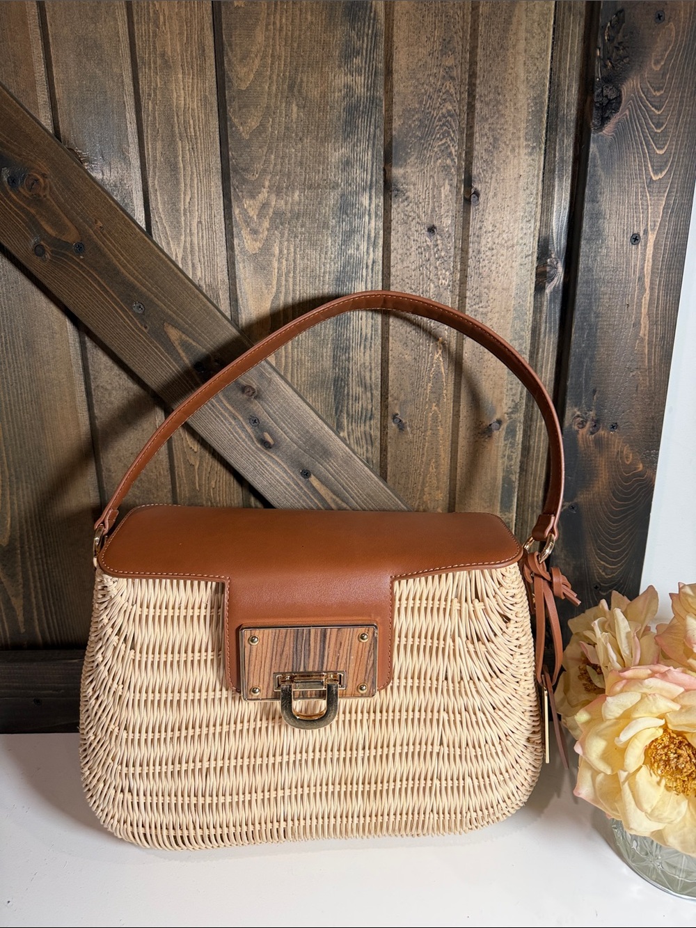 Woven Rattan Shoulder Bag with Brown Leather Accents